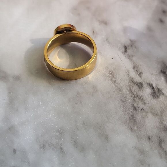 Stainless Steel 14K Gold Plated Numerals Inlaid Lab Diamond Luxury Ring Size 7 - Picture 13 of 15